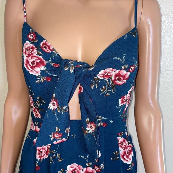 Dreamers maxi dress Navy blue floral print tie chest SZ SM V-neck top beach - Picture 4 of 10